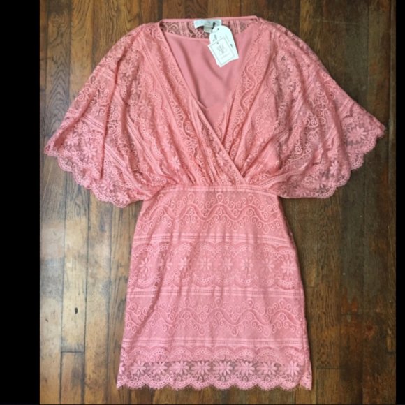 Beyond Vintage Pink Lace Draped V Neck Mini Dress - Picture 3 of 12